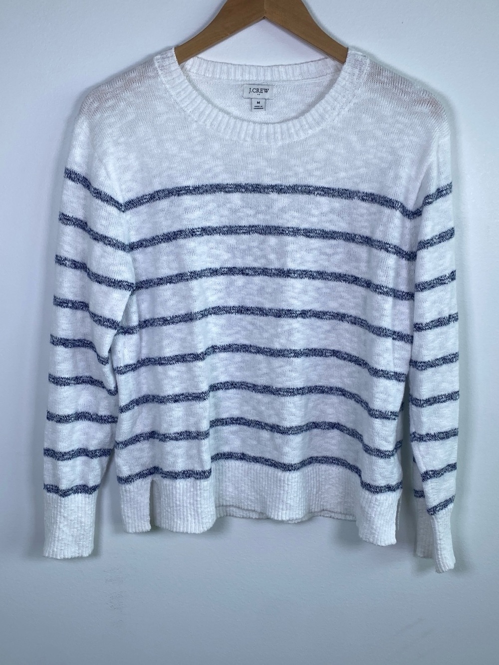 J. Crew White and Navy Stripe Lightweight Crewneck Sweater Size Medium